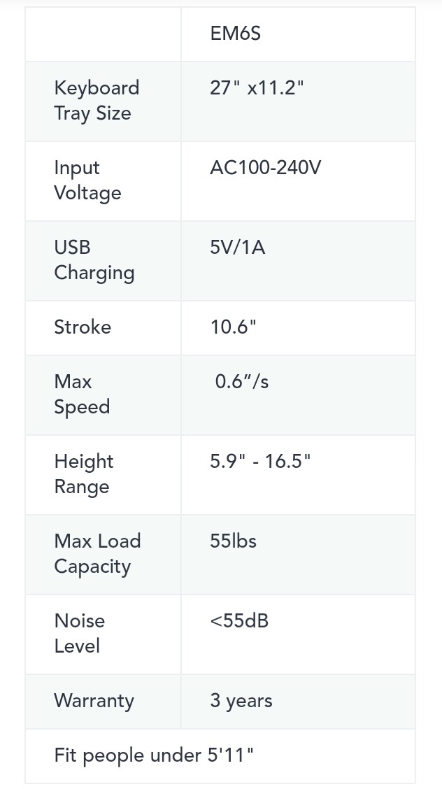 Specs of EM6S flexispot standing dessk review